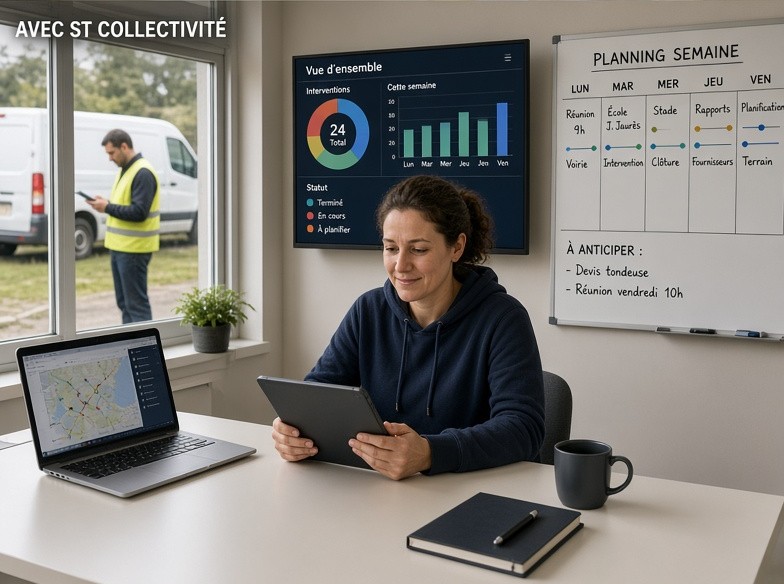 Avec ST Collectivité : le même bureau organisé, écran de pilotage et planning clair