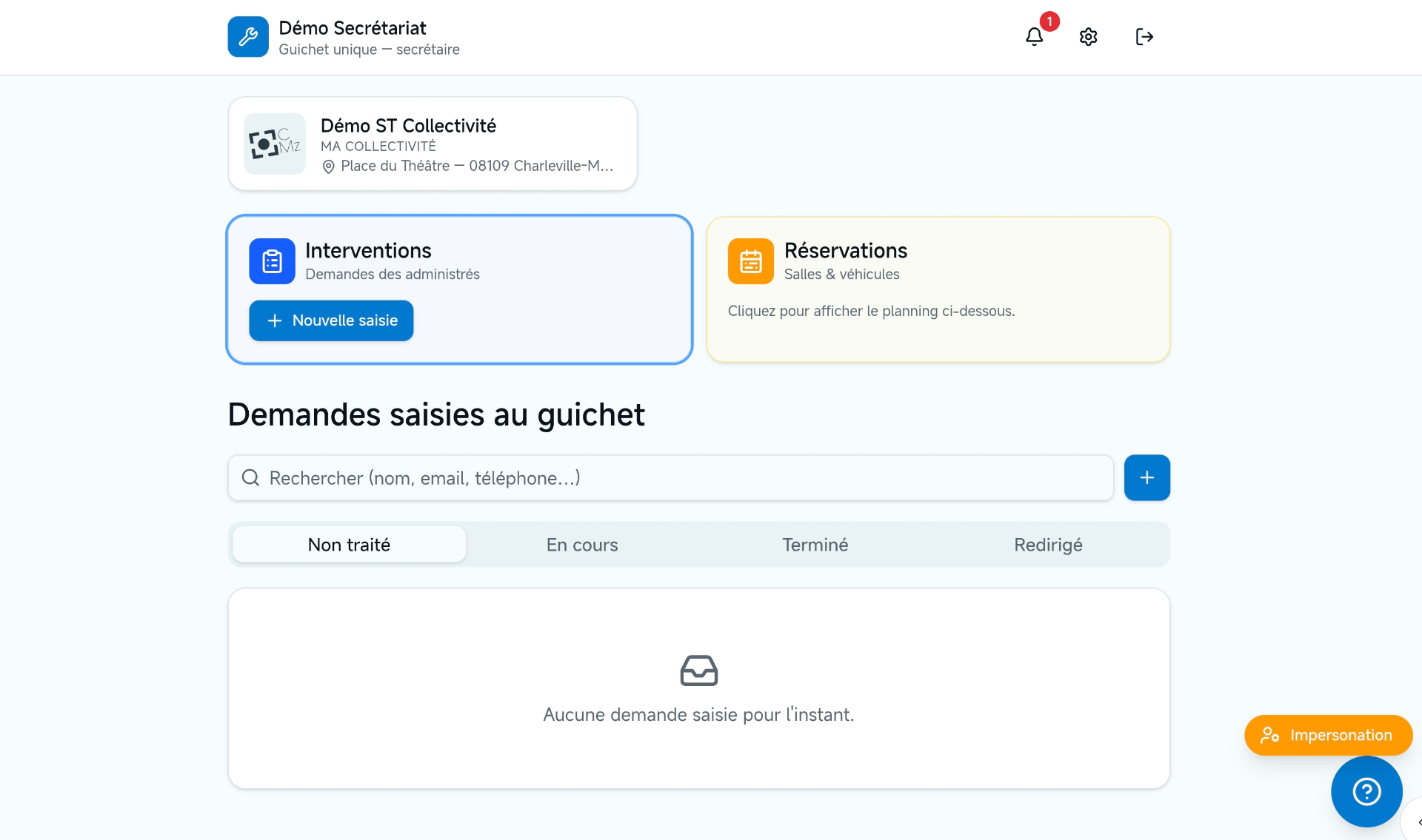 Écran du secrétariat pour saisir et suivre les demandes déposées au guichet