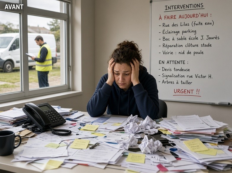 Avant : bureau d'un Service Technique submergé de bons d'intervention papier