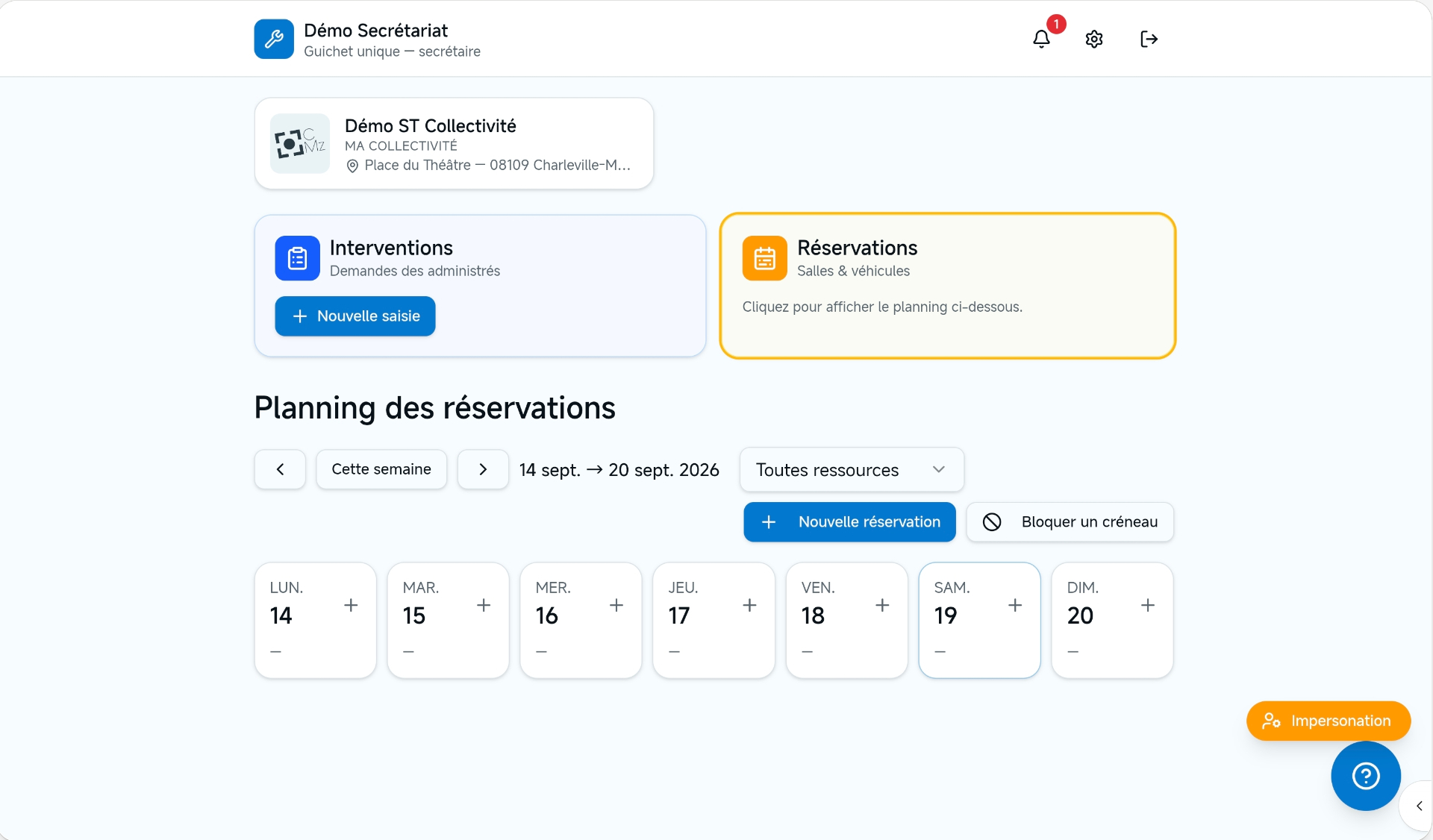 Écran du secrétariat avec le planning des réservations