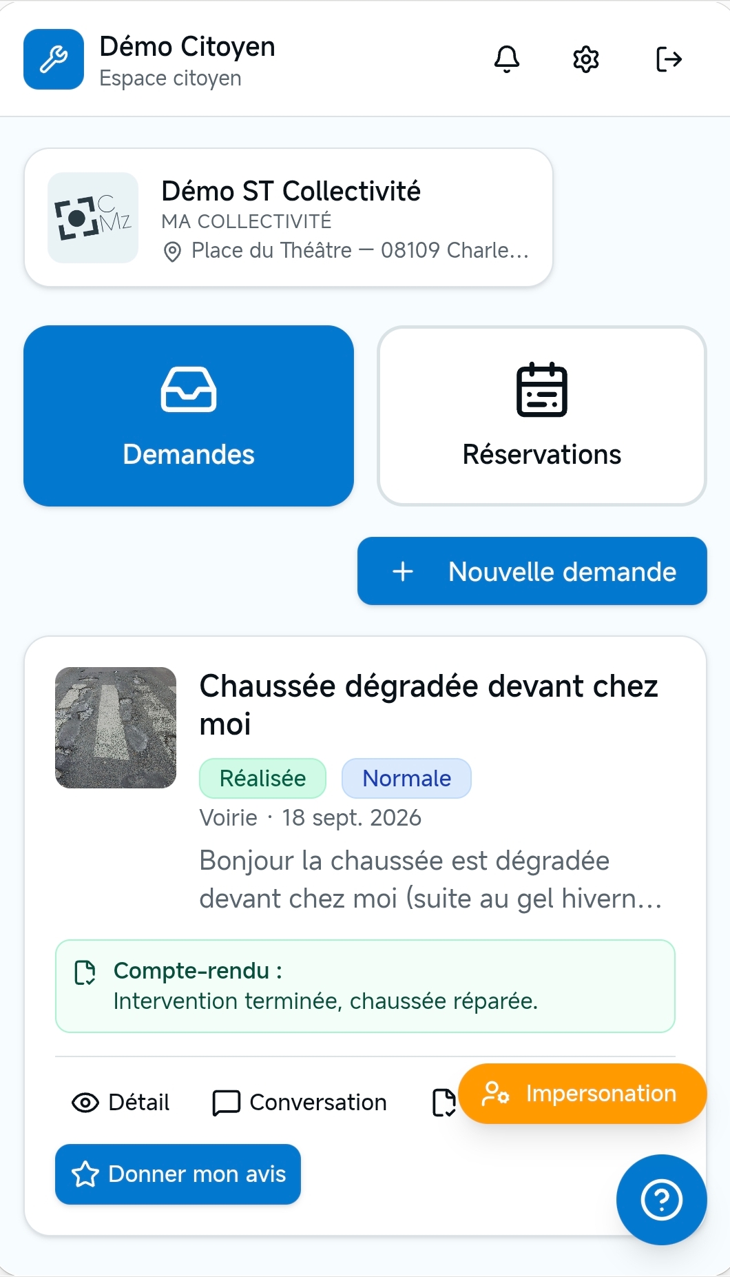 Application mobile citoyenne affichant une demande réalisée et son compte-rendu